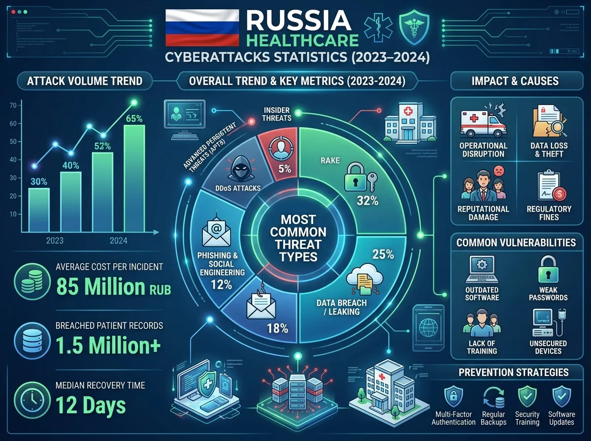 Инфографика: статистика кибератак на медицинские организации в России 2023-2024, диаграмма типов угроз