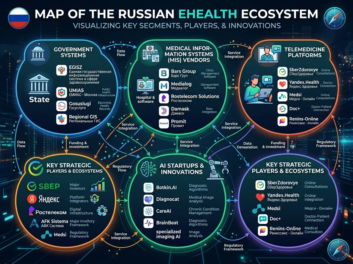 Карта экосистемы российского рынка eHealth — ключевые игроки, телемедицинские платформы, МИС-вендоры, государственные системы, AI-стартапы