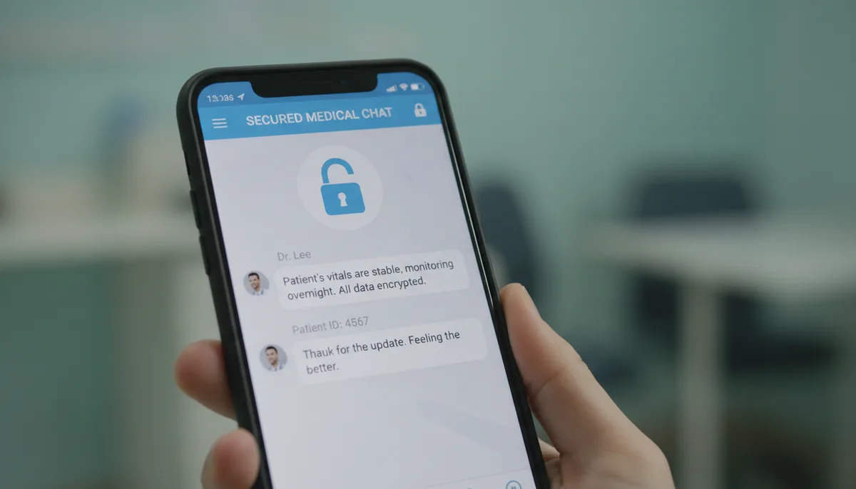 экран смартфона с защищённым медицинским чатом, замок на иконке, размытый задний план